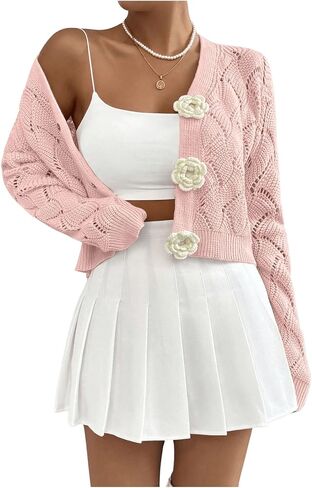 GORGLITTER Women's Button Up Cropped Cardigan Floral Knit Crochet Cute Long Sleeve Sweater Dressy Fashion Trendy 2025 in Saudi Arabia