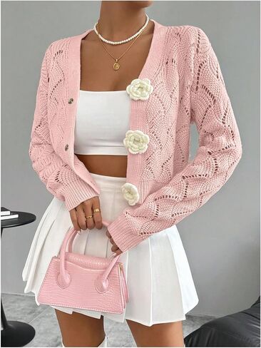GORGLITTER Women's Button Up Cropped Cardigan Floral Knit Crochet Cute Long Sleeve Sweater Dressy Fashion Trendy 2025 in Saudi Arabia