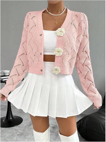GORGLITTER Women's Button Up Cropped Cardigan Floral Knit Crochet Cute Long Sleeve Sweater Dressy Fashion Trendy 2025 in Saudi Arabia