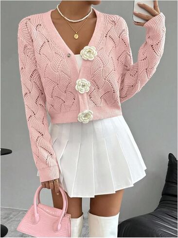 GORGLITTER Women's Button Up Cropped Cardigan Floral Knit Crochet Cute Long Sleeve Sweater Dressy Fashion Trendy 2025 in Saudi Arabia
