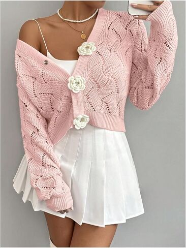 GORGLITTER Women's Button Up Cropped Cardigan Floral Knit Crochet Cute Long Sleeve Sweater Dressy Fashion Trendy 2025 in Saudi Arabia