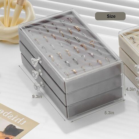 صندوق حلقة Spakown ، منظم حلقة حامل الحلقة مع 3 أدراج مخملية مخملية التخزين CASE 108 عرض فتحات للنساء (البيج ، 3 أدراج) in Kuwait