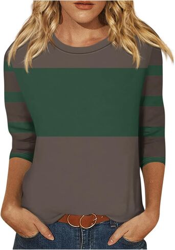 Fall Tops for Women 2025 Trendy Casual T-Shirts 3/4 Sleeve Color Block Cute Tops Comfy Blouses Striped Shirts in Kuwait
