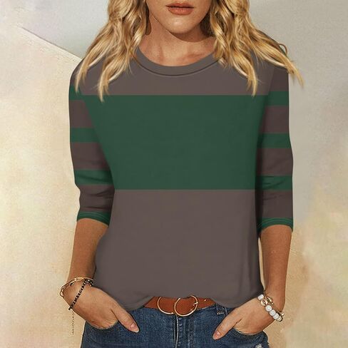 Fall Tops for Women 2025 Trendy Casual T-Shirts 3/4 Sleeve Color Block Cute Tops Comfy Blouses Striped Shirts in Kuwait