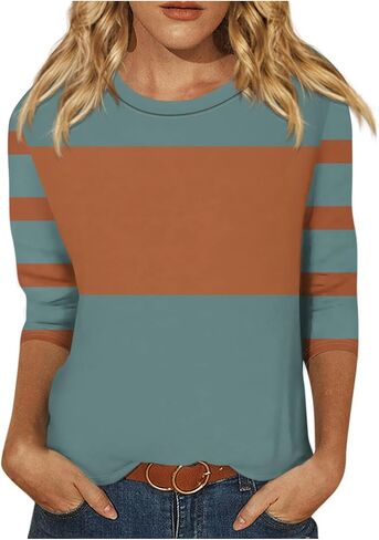 Fall Tops for Women 2025 Trendy Casual T-Shirts 3/4 Sleeve Color Block Cute Tops Comfy Blouses Striped Shirts in Kuwait