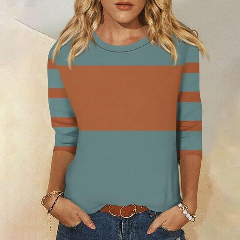 Fall Tops for Women 2025 Trendy Casual T-Shirts 3/4 Sleeve Color Block Cute Tops Comfy Blouses Striped Shirts in Kuwait