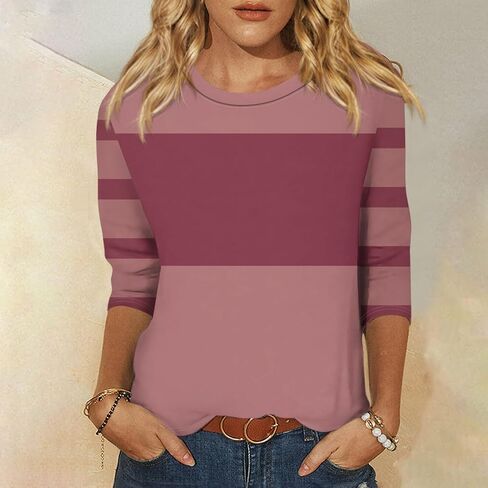 Fall Tops for Women 2025 Trendy Casual T-Shirts 3/4 Sleeve Color Block Cute Tops Comfy Blouses Striped Shirts in Kuwait