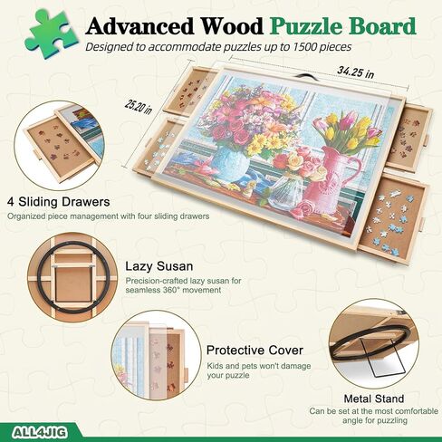 All4jig 2-in-1 لوحة ألغاز الإمالة والدوار لـ 1500 قطعة ، 35.2 "× 26.2" ، جدول ألغاز الزاوية القابل للتعديل مع 4 أدراج وغطاء واقي ، مثالي لعشاق الألغاز in Kuwait