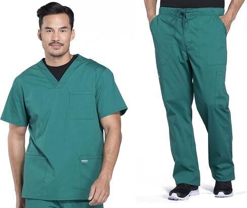 Men Scrubs Set Workwear Professionals WW695 V-Neck Top & WW190S Tapered Leg Fly Front Cargo Pant, Hunter Green- M Top/M Short Pant in Saudi Arabia
