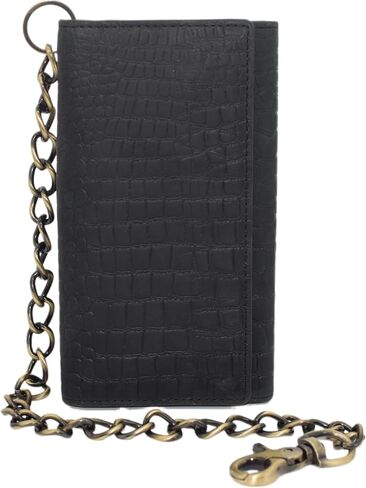 RFID Blocking Mens Tri-fold Long Style Crazy Horse Leather Steel Chain Wallet, (Croco Black) in Kuwait