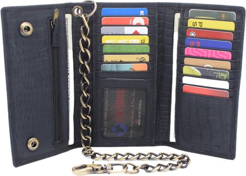 RFID Blocking Mens Tri-fold Long Style Crazy Horse Leather Steel Chain Wallet, (Croco Black) in Kuwait