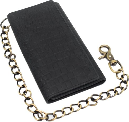 RFID Blocking Mens Tri-fold Long Style Crazy Horse Leather Steel Chain Wallet, (Croco Black) in Kuwait