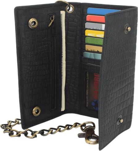 RFID Blocking Mens Tri-fold Long Style Crazy Horse Leather Steel Chain Wallet, (Croco Black) in Kuwait