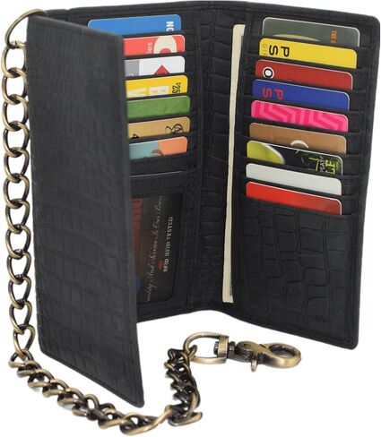 RFID Blocking Mens Tri-fold Long Style Crazy Horse Leather Steel Chain Wallet, (Croco Black) in Kuwait
