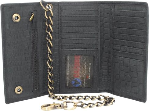RFID Blocking Mens Tri-fold Long Style Crazy Horse Leather Steel Chain Wallet, (Croco Black) in Kuwait