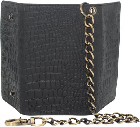 RFID Blocking Mens Tri-fold Long Style Crazy Horse Leather Steel Chain Wallet, (Croco Black) in Kuwait