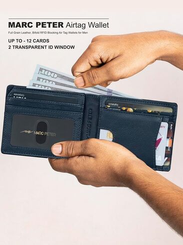 Marc Peter Airtag Wallet - جيب أمامي الحد الأدنى RFID يمنع رجال المحفظة جلد الحبوب الكاملة ، حامل الجوية Bifold مع نافذة معرّفتين حتى 14 بطاقة وصندوق هدايا Nappa Black in Saudi Arabia