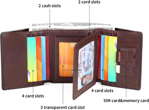 محافظ Trifold للرجال من الجلد الأصلي سعة كبيرة الحظر ، وتشمل نافذة الهوية وحامل بطاقة الائتمان ، ومحافظ رجالي الجلود (القهوة) in Kuwait