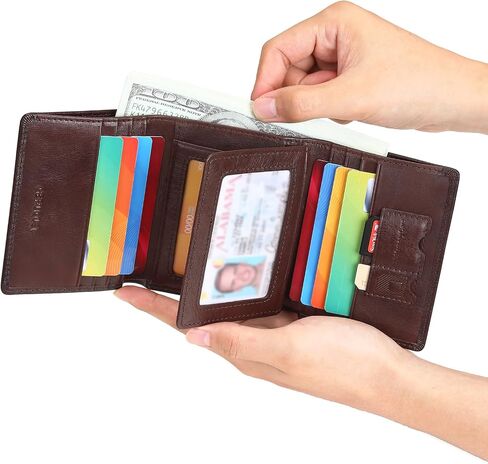 محافظ Trifold للرجال من الجلد الأصلي سعة كبيرة الحظر ، وتشمل نافذة الهوية وحامل بطاقة الائتمان ، ومحافظ رجالي الجلود (القهوة) in Kuwait