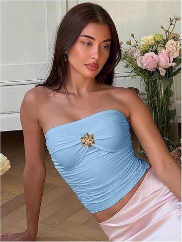 sedmoda Women Sexy Ruched Crop Tube Top Backless Floral Metal Decoration Summer Going Out Tops in Saudi Arabia