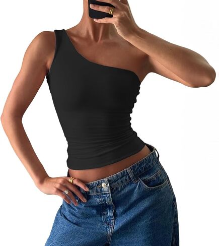 Women's Sexy One Shoulder Crop Tops Sleeveless Cropped Tank Tops Ruched Shirts in Kuwait