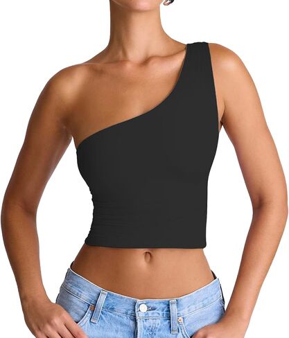 Women's Sexy One Shoulder Crop Tops Sleeveless Cropped Tank Tops Ruched Shirts in Kuwait
