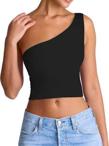 Women's Sexy One Shoulder Crop Tops Sleeveless Cropped Tank Tops Ruched Shirts in Kuwait
