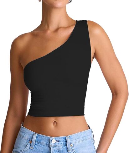 Women's Sexy One Shoulder Crop Tops Sleeveless Cropped Tank Tops Ruched Shirts in Kuwait