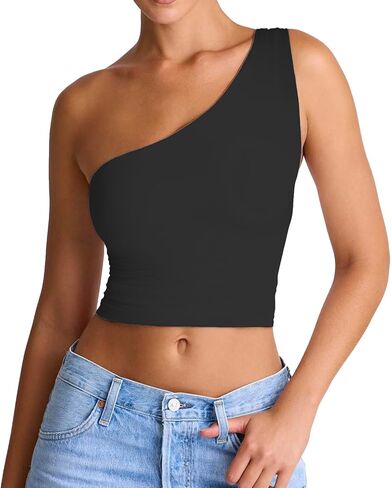 Women's Sexy One Shoulder Crop Tops Sleeveless Cropped Tank Tops Ruched Shirts in Kuwait
