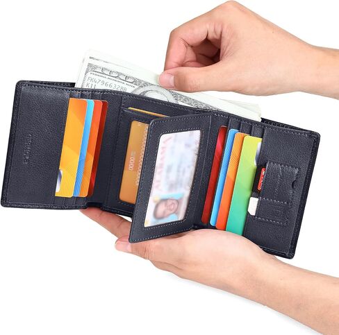 محافظ Trifold للرجال من الجلد الأصلي سعة كبيرة الحظر ، وتشمل نافذة الهوية وحامل بطاقة الائتمان ، ومحافظ رجالي الجلود (القهوة) in Kuwait