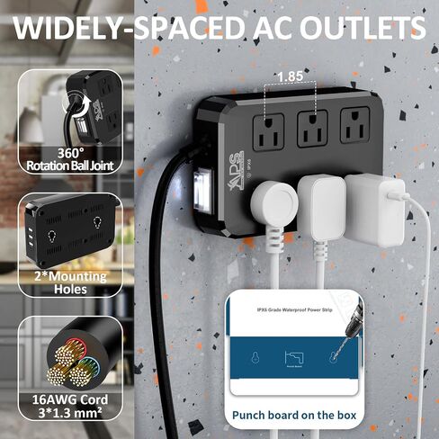 Outdoor Power Strip Weatherproof, Waterproof Surge Protector with 6 Wide Outlet with 3 USB Ports, 10FT Extension Cord,1875W Overload Protection,Outlet Extender for Christmas Lights ETL Listed Black in Kuwait