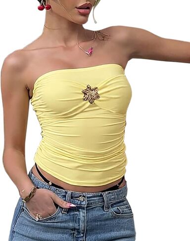 sedmoda Women Sexy Ruched Crop Tube Top Backless Floral Metal Decoration Summer Going Out Tops in Saudi Arabia