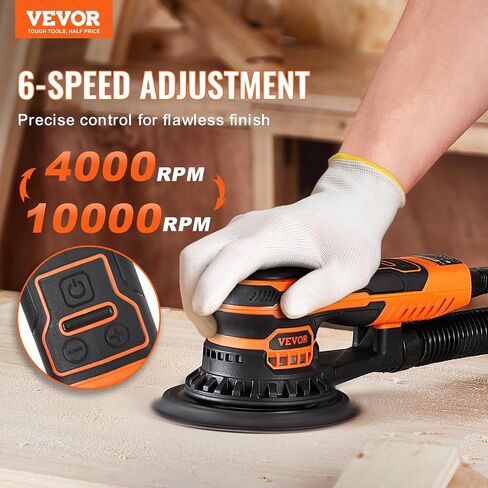VEVOR Random Orbital Sander, 6-Inch DA & GA Dual Action Orbital Sander, 850W 7400PRM 6 Variable Speed Electric Palm Sander with 10PCS Sandpapers, Dust Connector for Woodworking Detailing Sanding in Saudi Arabia