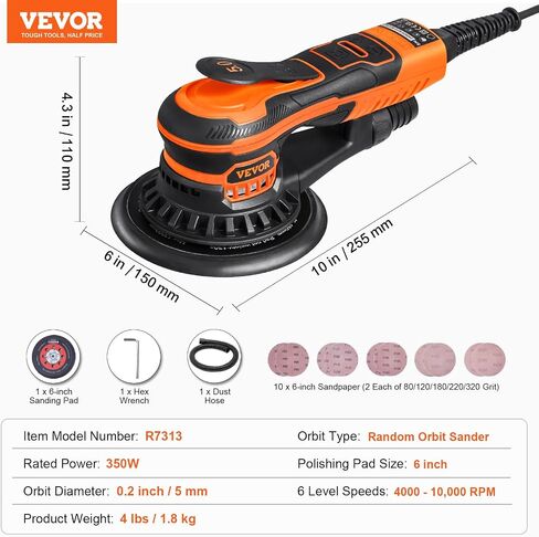 VEVOR Random Orbital Sander, 6-Inch DA & GA Dual Action Orbital Sander, 850W 7400PRM 6 Variable Speed Electric Palm Sander with 10PCS Sandpapers, Dust Connector for Woodworking Detailing Sanding in Saudi Arabia