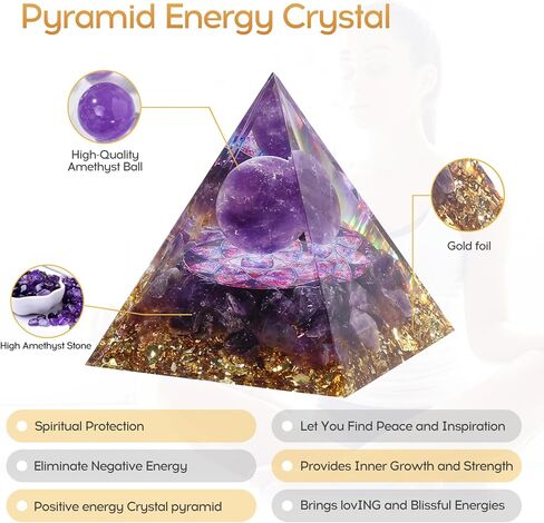 Hopeseed Orgone Pyramid Taichi Orgonite Amethyst & Obsidian Healing Crystal Pyramid مولد طاقة إيجابي لتقليل التوتر ريكي شقرا شفاء التأمل يجذب الحظ، مع 2 أحجار كريستال بيضاء in Kuwait