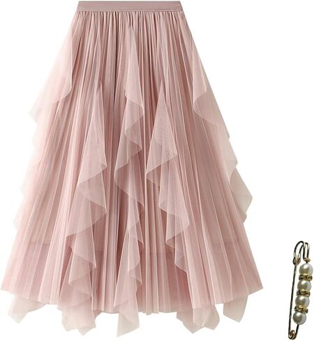 Elegant A Line Skirts for Women Midi Fairy Style Multi Layer Mesh Tutu High Waisted Elastic Half Skirt in Kuwait