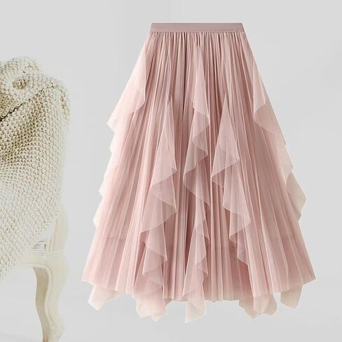 Elegant A Line Skirts for Women Midi Fairy Style Multi Layer Mesh Tutu High Waisted Elastic Half Skirt in Kuwait