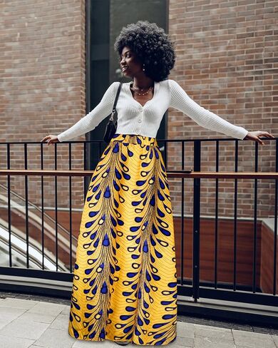 4 PCS African Printed Maxi Skirt for Women Outfit Traditional Printed Costume Set with Pockets Wooden Earrings in Kuwait
