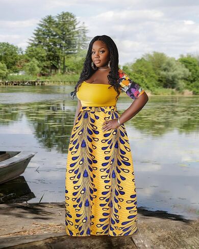 4 PCS African Printed Maxi Skirt for Women Outfit Traditional Printed Costume Set with Pockets Wooden Earrings in Kuwait