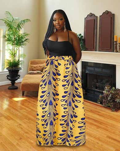 4 PCS African Printed Maxi Skirt for Women Outfit Traditional Printed Costume Set with Pockets Wooden Earrings in Kuwait