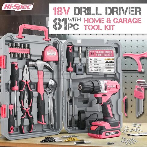 Hi-Spec Small Drill Set，30pc Pink 12V Cordless Power Drill Driver & Household DIY Tool Set. Rapid Cordless Power Drilling and Screwdriving with Essential DIY Hand Tools & Accessories in Saudi Arabia