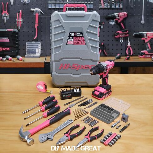 Hi-Spec Small Drill Set，30pc Pink 12V Cordless Power Drill Driver & Household DIY Tool Set. Rapid Cordless Power Drilling and Screwdriving with Essential DIY Hand Tools & Accessories in Saudi Arabia