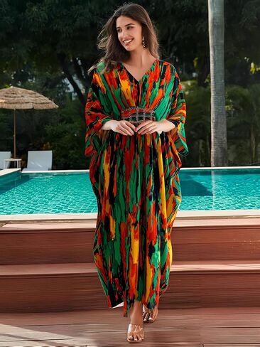 ثياب مومو طباعة من Lousea للنساء Vneck Tie صبغ تغطية ملابس ملابس ملونة لباس لويجور فستان شاطئ من قطعة واحدة in Kuwait