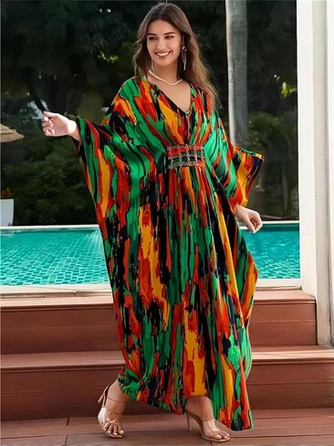 ثياب مومو طباعة من Lousea للنساء Vneck Tie صبغ تغطية ملابس ملابس ملونة لباس لويجور فستان شاطئ من قطعة واحدة in Kuwait