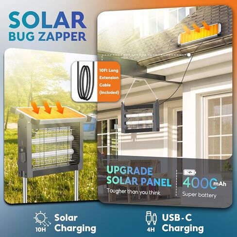 Solar Bug Zapper Outdoor, PhatroyYee Mosquito Zapper 4500V, Waterproof Portable Fly Zapper, Rechargeable Electric Mosquito Killer, Cordless Fly Insect Mosquito Trap for Patio Yard Home Garden Camping in Kuwait