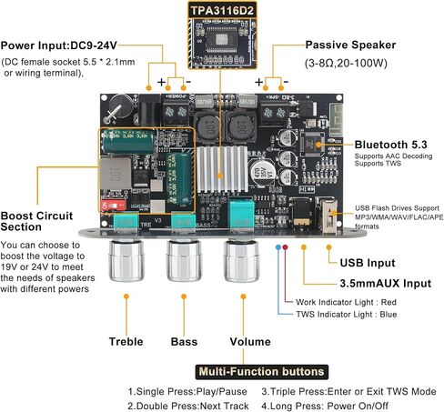 ZK-1001B Mono Bluetooth Amplifier Board with TPA316D2 Chip, Wide Voltage Input 12-24V Peak Output Power 100W, with TWS Pairing Function, Black (ZK-1001B) in Saudi Arabia