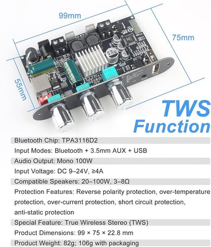 ZK-1001B Mono Bluetooth Amplifier Board with TPA316D2 Chip, Wide Voltage Input 12-24V Peak Output Power 100W, with TWS Pairing Function, Black (ZK-1001B) in Saudi Arabia