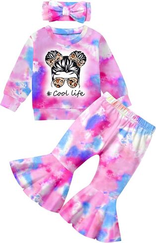 Toddler Girl Clothes, Girls Outfits Long Sleeve Crewneck Highland Cow Print Pullover Flared Pants Girls' Clothing Sets in Saudi Arabia