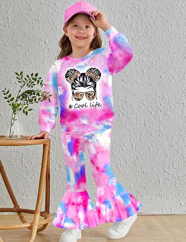 Toddler Girl Clothes, Girls Outfits Long Sleeve Crewneck Highland Cow Print Pullover Flared Pants Girls' Clothing Sets in Saudi Arabia