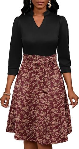 PerZeal Women's Casual Flowy A-Line Midi Dress Flared V-Neck Colorblock Print for Wedding Guest 3/4 Sleeve Dress with Belt in Kuwait